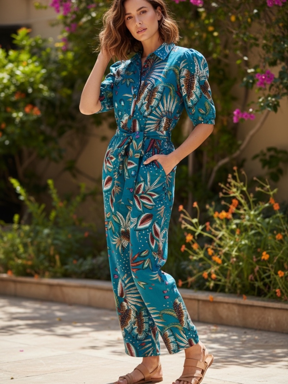 FARM Rio Teal Tropical-Print Button Jumpsuit with Tie Waist